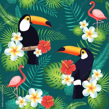 Tropical seamless pattern with toucans, flamingos, exotic leaves and flowers. Vector illustration
