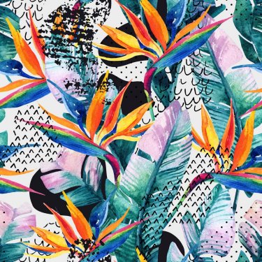Watercolor tropical seamless pattern with bird-of-paradise flower. Exotic flowers, leaves, smooth bend shape filled with doodle, minimal, grunge texture. abstract background. Hand painted illustration