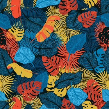 Tropical seamless pattern with exotic palm leaves. Monstera, palm, banana leaves. Exotic textile botanical design. Summer jungle design. Hawaiian style.
