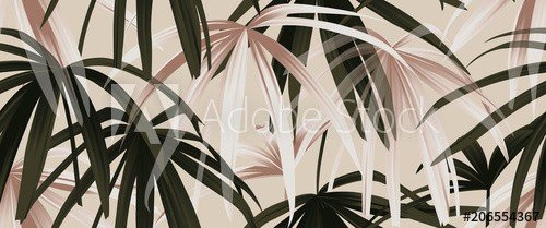 Tropical plant seamless pattern, rose gold and green palm leaves on light pin... - 901152591