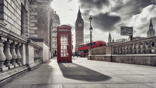 Red telephone booth and Big Ben in London, England, the UK. The symbols of London in black on white colors.