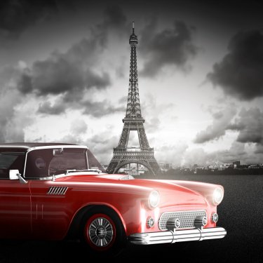 Effel Tower, Paris, France and retro red car. Black and white - 901152813