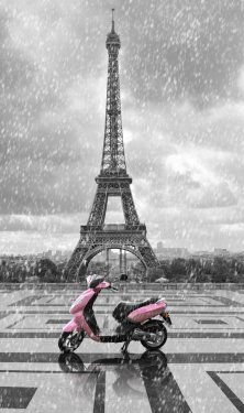 Eiffel tower in the rain with pink scooter of Paris. Black and w