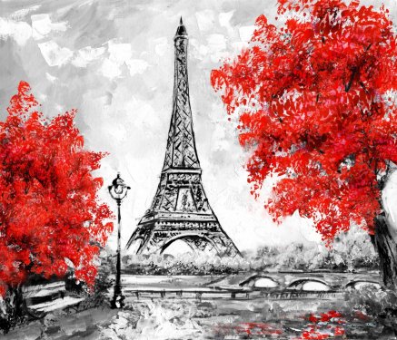 Oil Painting, Paris. european city landscape. France, Wallpaper, eiffel tower. Black, white and red, Modern art