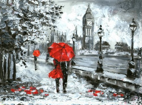 oil painting, street view of london. Artwork, Black, white and red, big ben - 901153024
