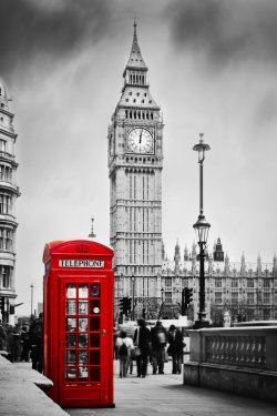 Red telephone booth and Big Ben in London, England, the UK. - 901153025