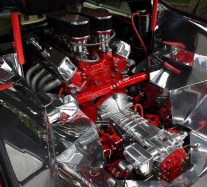 High performance car engine in compartment