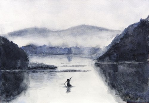 Watercolor Fishing boat and island with mountains. Traditional oriental. asia... - 901153419