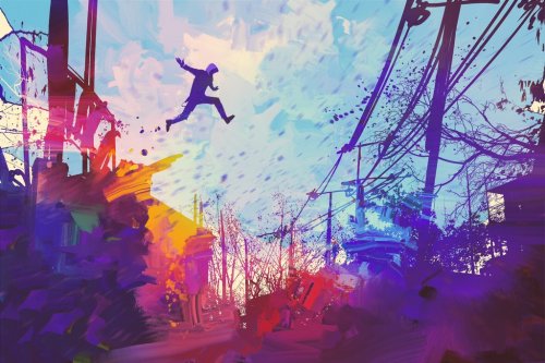 man jumping on the roof in city with abstract grunge,illustration painting - 901153467