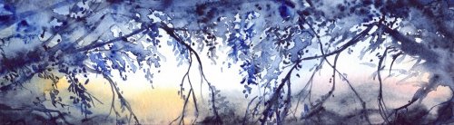 Watercolor evening sunset tree branches landscape scene