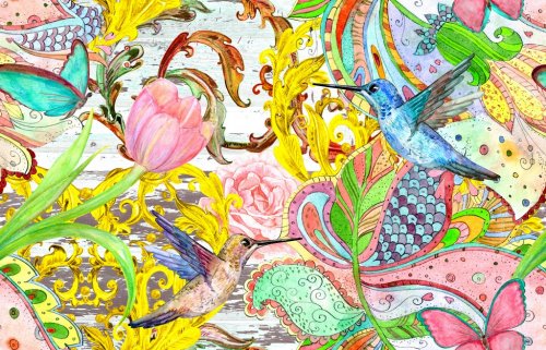 vintage seamless texture with bizarre ornament and hummingbirds. watercolor p... - 901153642