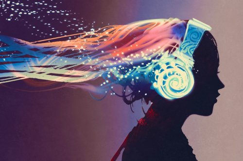 woman with magic glowing headphones on dark background,illustration painting - 901153657