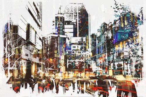 people walking in city with abstract grunge painting,illustration art - 901153666