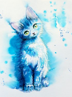Sitting cute little blue cat.Picture created with watercolors. - 901153739