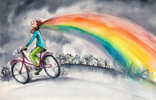 Man on bicycle in gray day.His colorful kerchief around his neck transforms into rainbow.Picture created with watercolors.