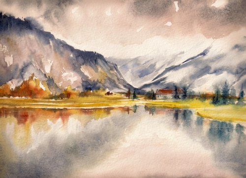Autumn landscape with mountain lake painted by watercolor - 901153787