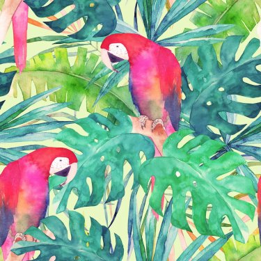 Summer seamless pattern with watercolor parrot, palm leaves. Colorful illustr... - 901153868