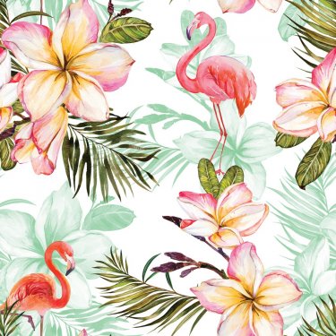 Beautiful flamingo and pink plumeria flowers on white background. Exotic tropical seamless pattern. Watecolor painting. Hand painted illustration.