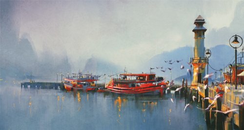 fishing boat in harbor at morning,watercolor painting style - 901153880