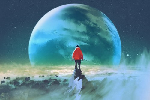 man on top of mountain looking at another planet,illustration painting