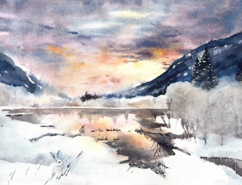 Winter landscape mountains lake snow watercolor painting  - 901153919