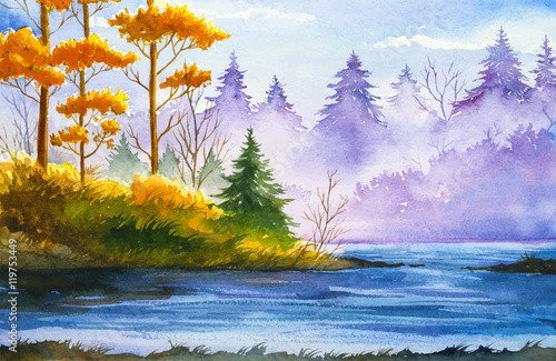 Autumn landscape. Watercolor illustration. - 901153944