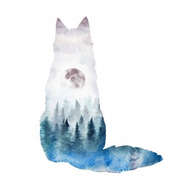 A silhouette of a fox with the forest landscape inside. Watercolor illustrati... - 901153946