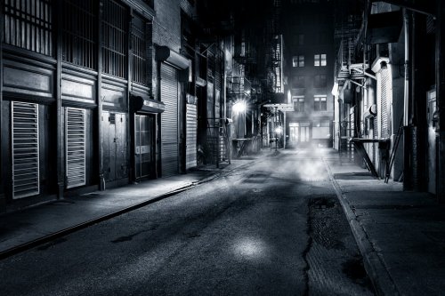 Moody monochrome view of Cortlandt Alley by night, in Chinatown, New York City - 901153969