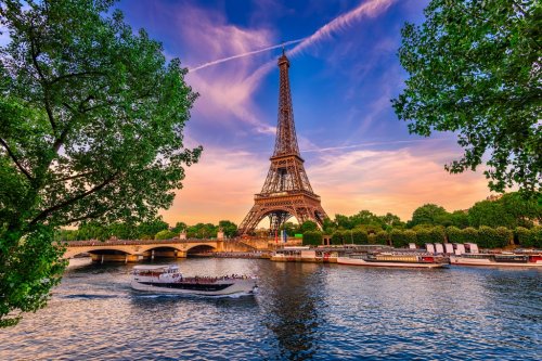 Paris Eiffel Tower and river Seine at sunset in Paris, France. Eiffel Tower i... - 901153974
