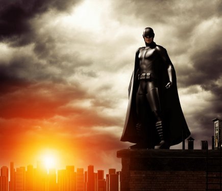 Dark Superhero on rooftop overlooking cityscape - 901154132