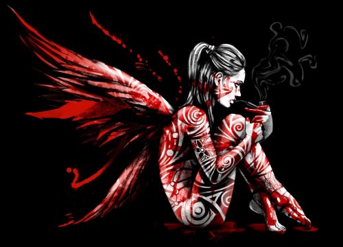 The fallen angel sits in the blood and Smoking