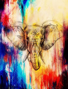 Elephant with floral ornament, pencil drawing on paper. Color effect and Comp... - 901154485