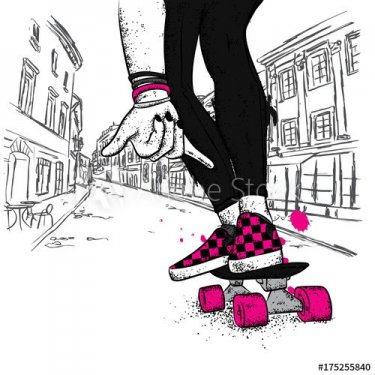 Stylish skater in jeans and sneakers. Skateboard. Vector illustration for a p... - 901154537