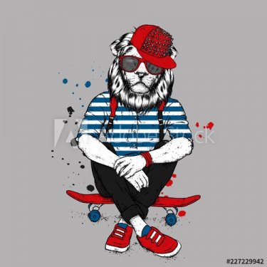 Stylish lion-skater in jeans and sneakers. Skateboard. Vector illustration for a postcard or a poster, print for clothes. Street cultures. Leo.