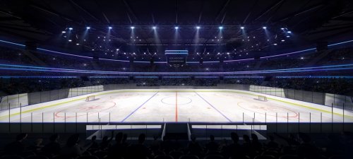 grand ice hockey arena inside view illuminated by spotlights, hockey and skating stadium indoor 3D render illustration background, my own design