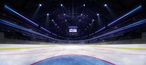 ice hockey stadium interior goalkeeper view illuminated by spotlights, hockey... - 901154596