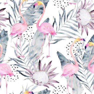 Abstract tropical pattern with flamingo, protea, leaves. Watercolor seamless ... - 901154608