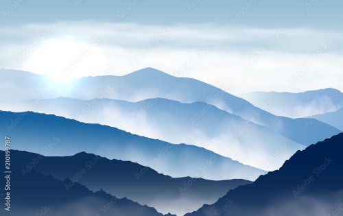 Vector blue beautiful foggy mountains with sun and clouds in the sky