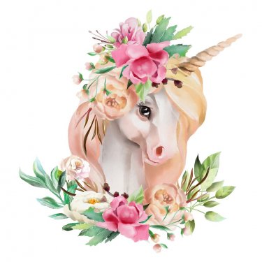 Beautiful, cute, watercolor unicorn head with flowers, floral crown, bouquet ... - 901154857