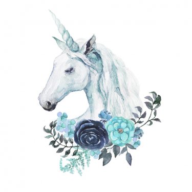 Watercolor animal floral boho illustration - sky blue unicorn with flower and... - 901154860