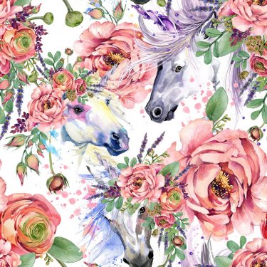 magic unicorn watercolor pattern. roses flowers seamless background - 901154861