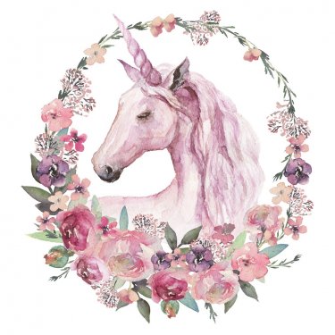 Watercolor animal floral boho illustration - unicorn with pastel flower wreath - 901154868