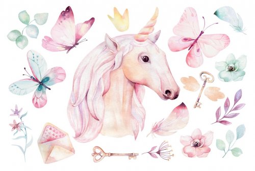 Isolated cute watercolor unicorn clipart with flowers. Nursery unicorns illustr - 901154869
