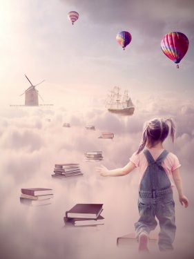 Search for knowledge. Girl walking down book pass above clouds - 901154887