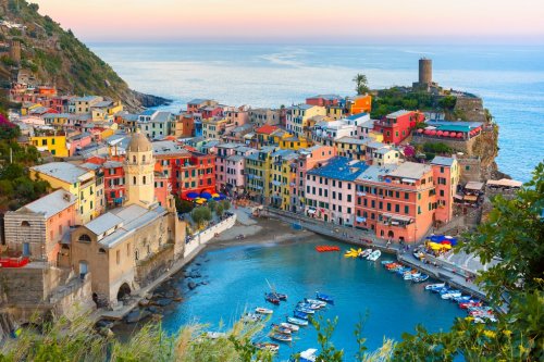 Aerial view of Vernazza fishing village at sunset, seascape in Five lands, Ci... - 901154890