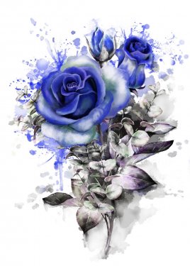 watercolor flowers. romantic floral illustration, blue rose. Splash paint. br... - 901155018