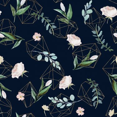 Flowers & leaves arrangement on navy background. Watercolor hand painted geometric seamless pattern.