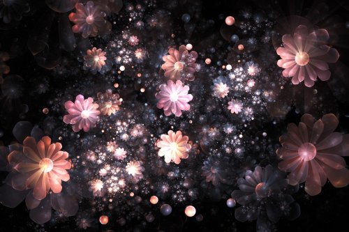 Abstract delicate pink flowers and pearls on black background