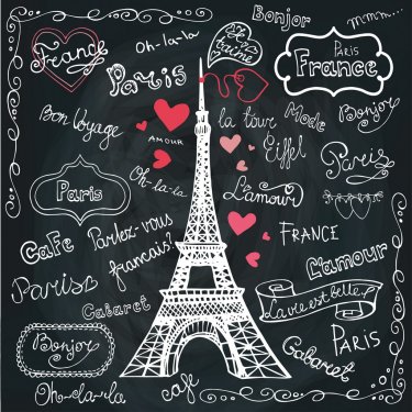 Set of Paris symbols,lettering.Hand drawn doodle sketchy - 901155568