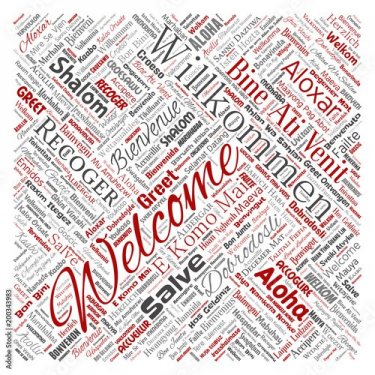 Vector conceptual abstract welcome or greeting international square red word cloud in different languages or multilingual.